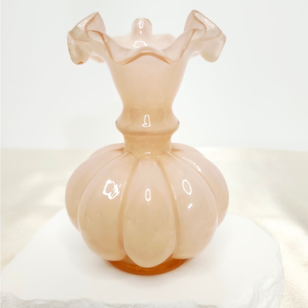 Vintage Fenton Rose Overlay Pink Melon Vase